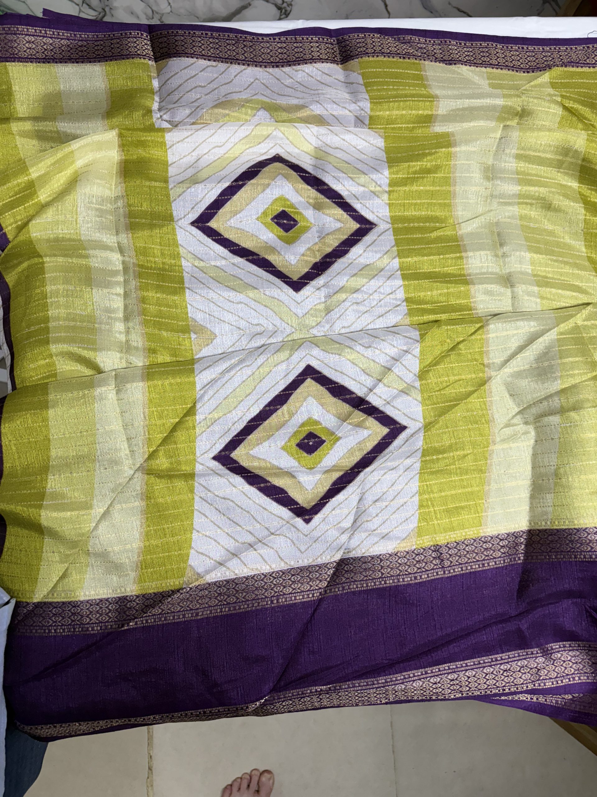 IMG_0598 Purple pallu of Semi Dola Silk Saree with gold zari-style stripes