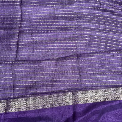 Folded Semi Dola Silk Saree in white, lavender, purple and green shades with intricate border
