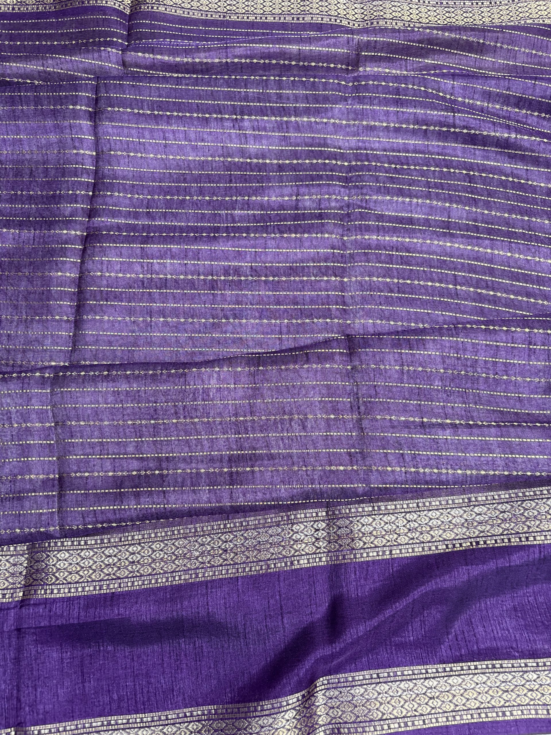 Folded Semi Dola Silk Saree in white, lavender, purple and green shades with intricate border