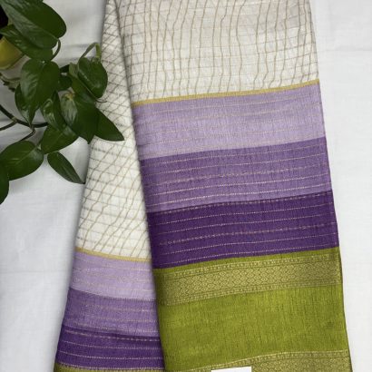 IMG_0603 Multicolor Semi Dola Silk Saree with geometric motifs and purple border