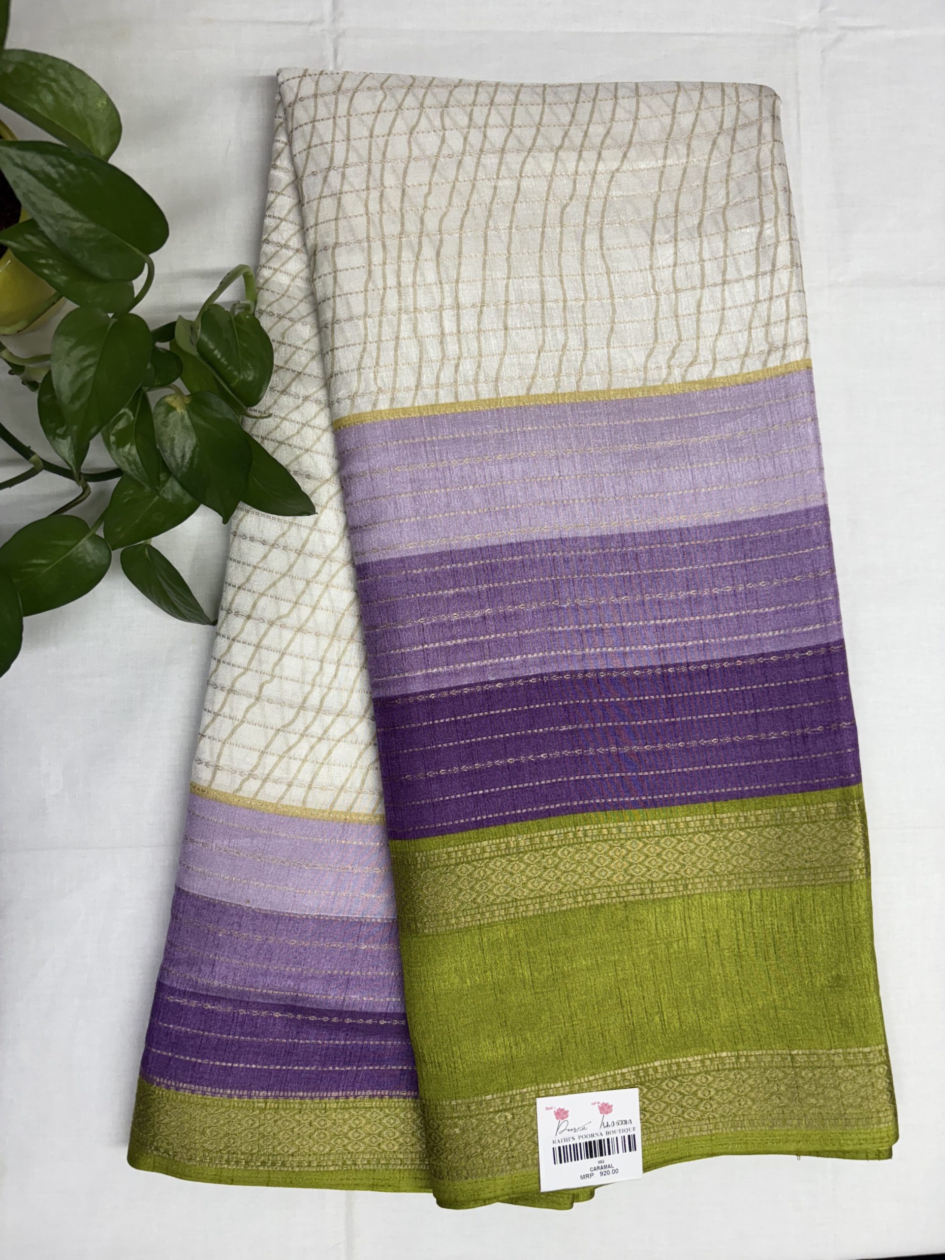 IMG_0603 Multicolor Semi Dola Silk Saree with geometric motifs and purple border