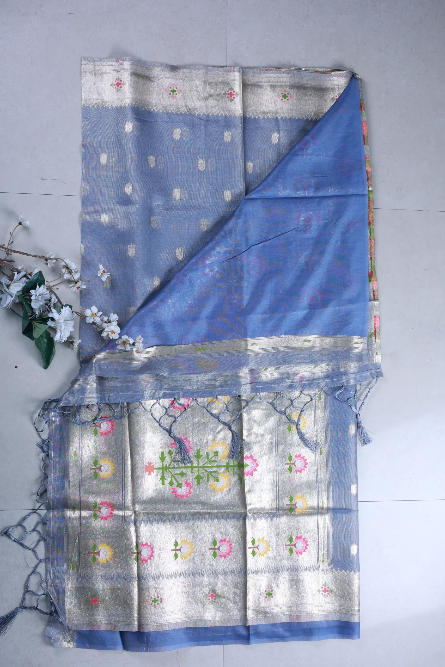 3 Steel Blue Tissue Paithani Saree