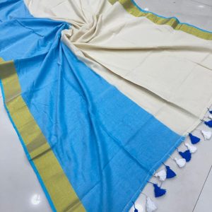 featuring sky-blue and cream panels with an olive-green border and blue-and-white tassel detailing on the pallu