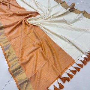 Rust Orange and cream panels with an olive-green border and blue-and-white tassel detailing on the pallu.