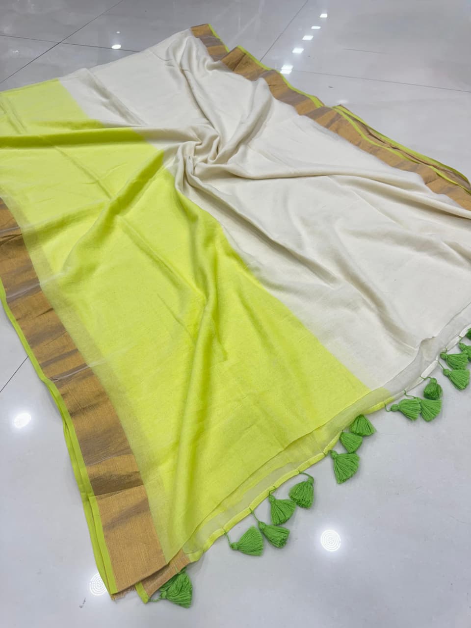 yellowish-green MULL MULL SAREE