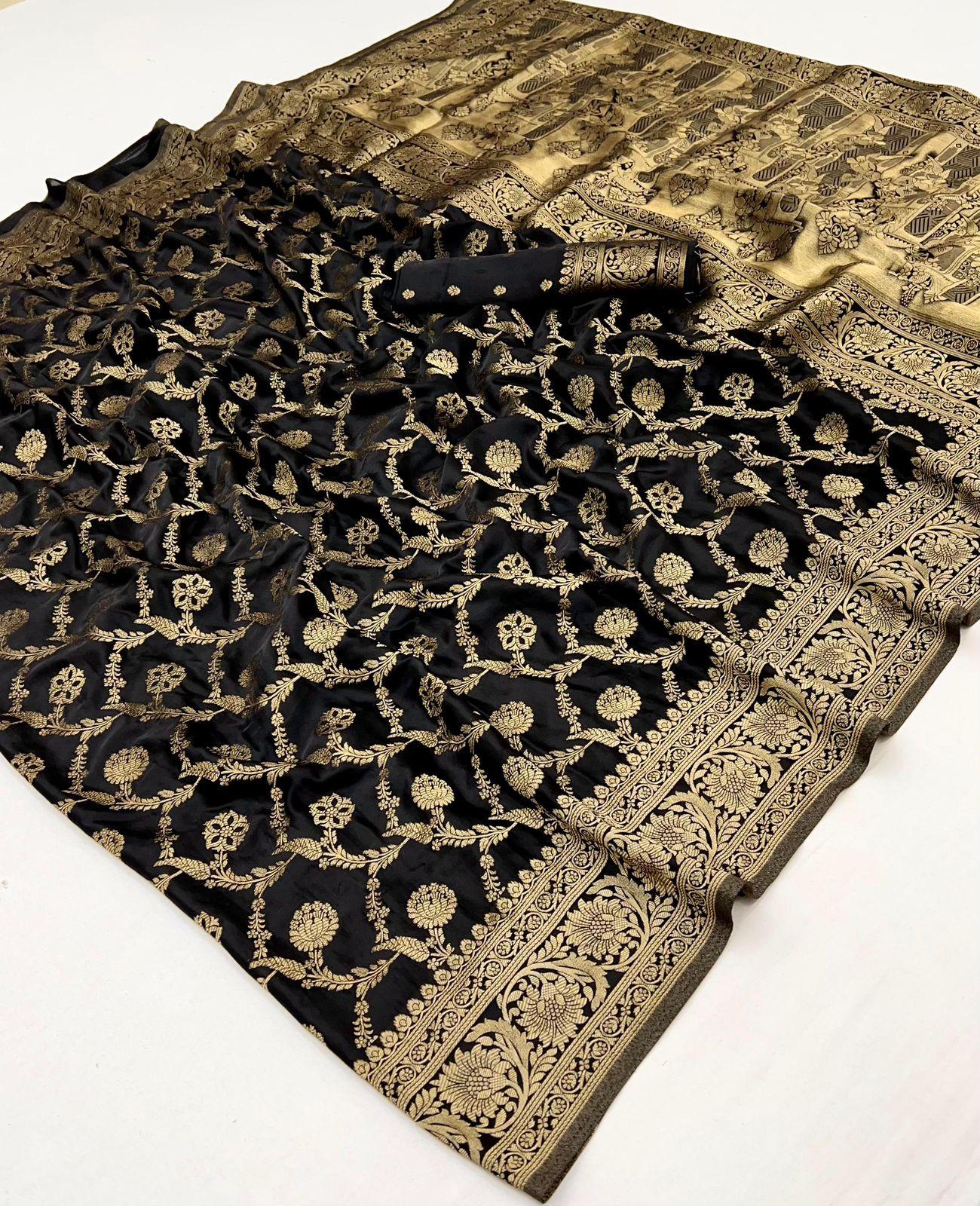 banarasi-saree-black Black colour Banarasi saree with golden zari