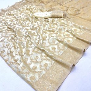 Ivory colour Banarasi saree available in Poorna boutique