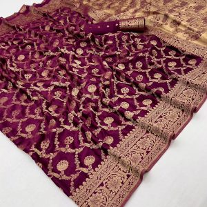 Burgundy Banarasi saree available AT Poorna boutique, Chennai