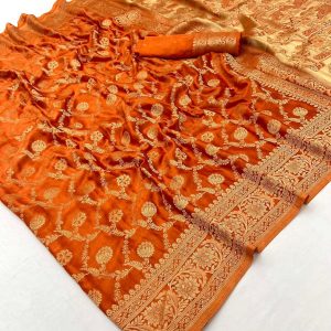 Orange Banarasi saree available in Poorna boutique, Chennai