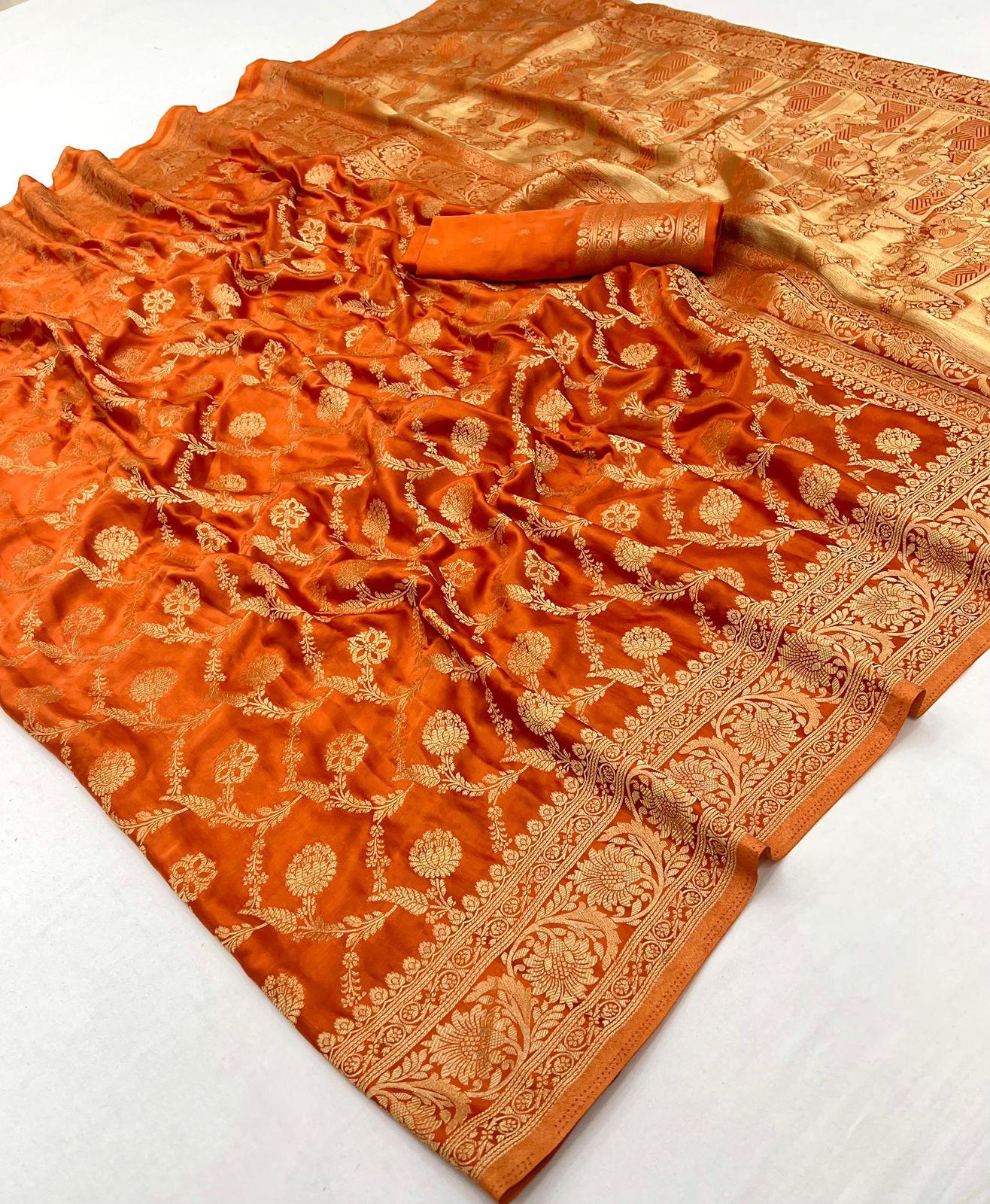 banarasi-saree-orange Orange Banarasi saree available in Poorna boutique, Chennai