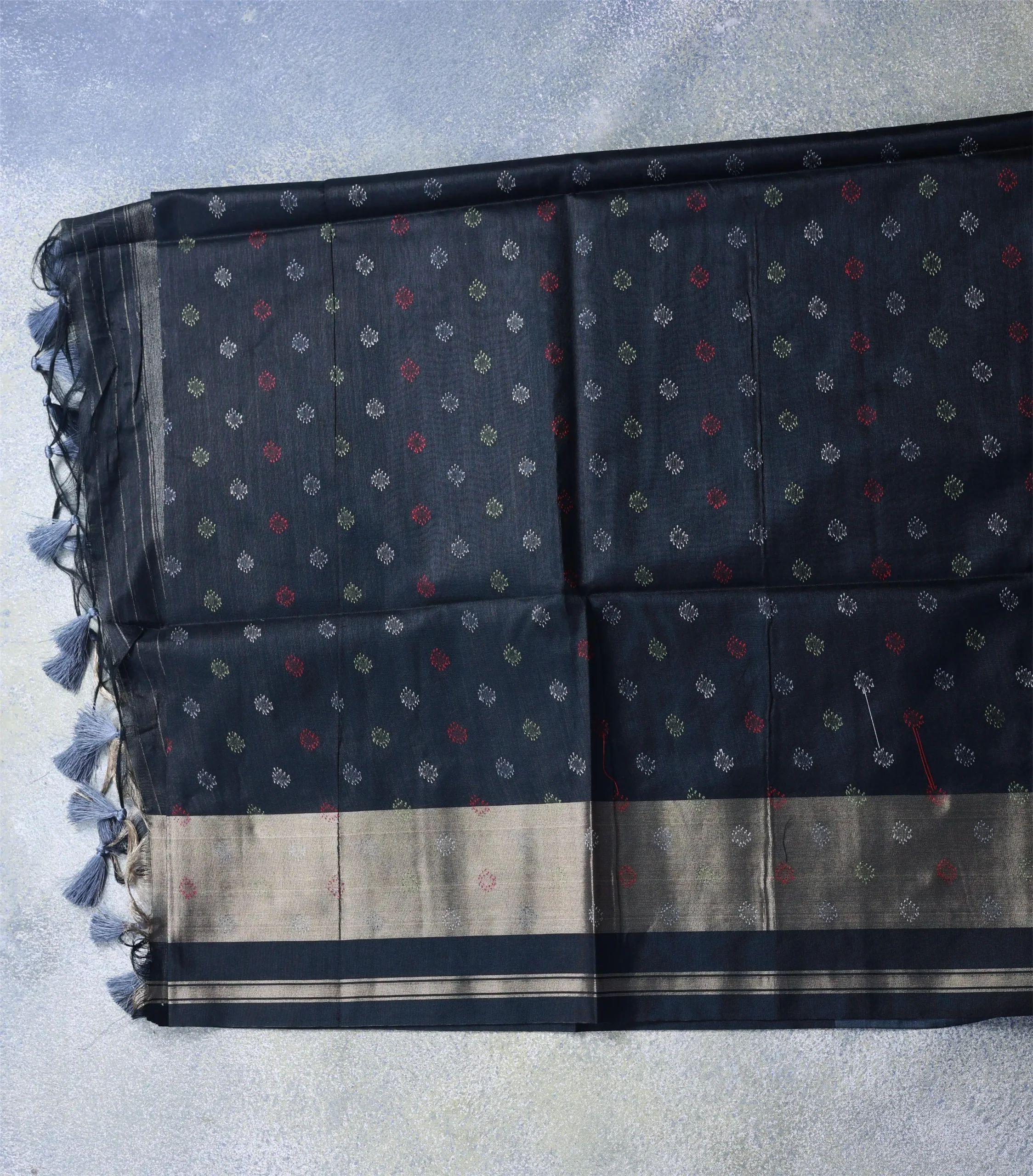 Steel Blue Semi Raw Silk Saree with Woven Floral Motifs & Contrast Border – Elegant Festive Wear Saree. 2 Steel Blue Semi Raw Silk Saree