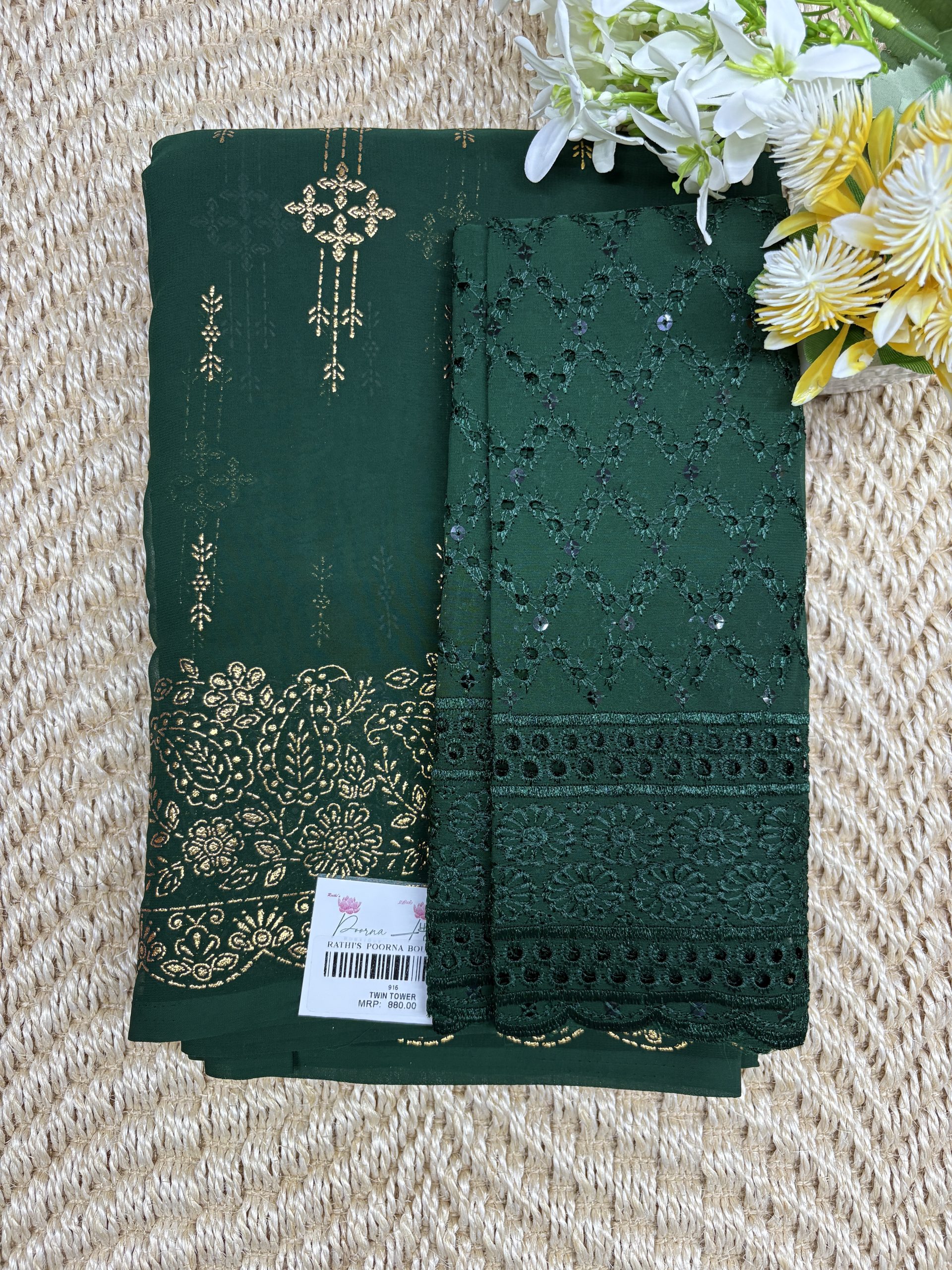 IMG_3913 Emerald Green Crushed Chiffon Saree with Sequin Blouse | Price Rs.880 | Poorna Boutique