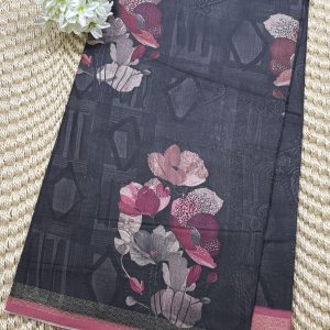 Elegant black floral Roman silk saree with Rose Pink Border