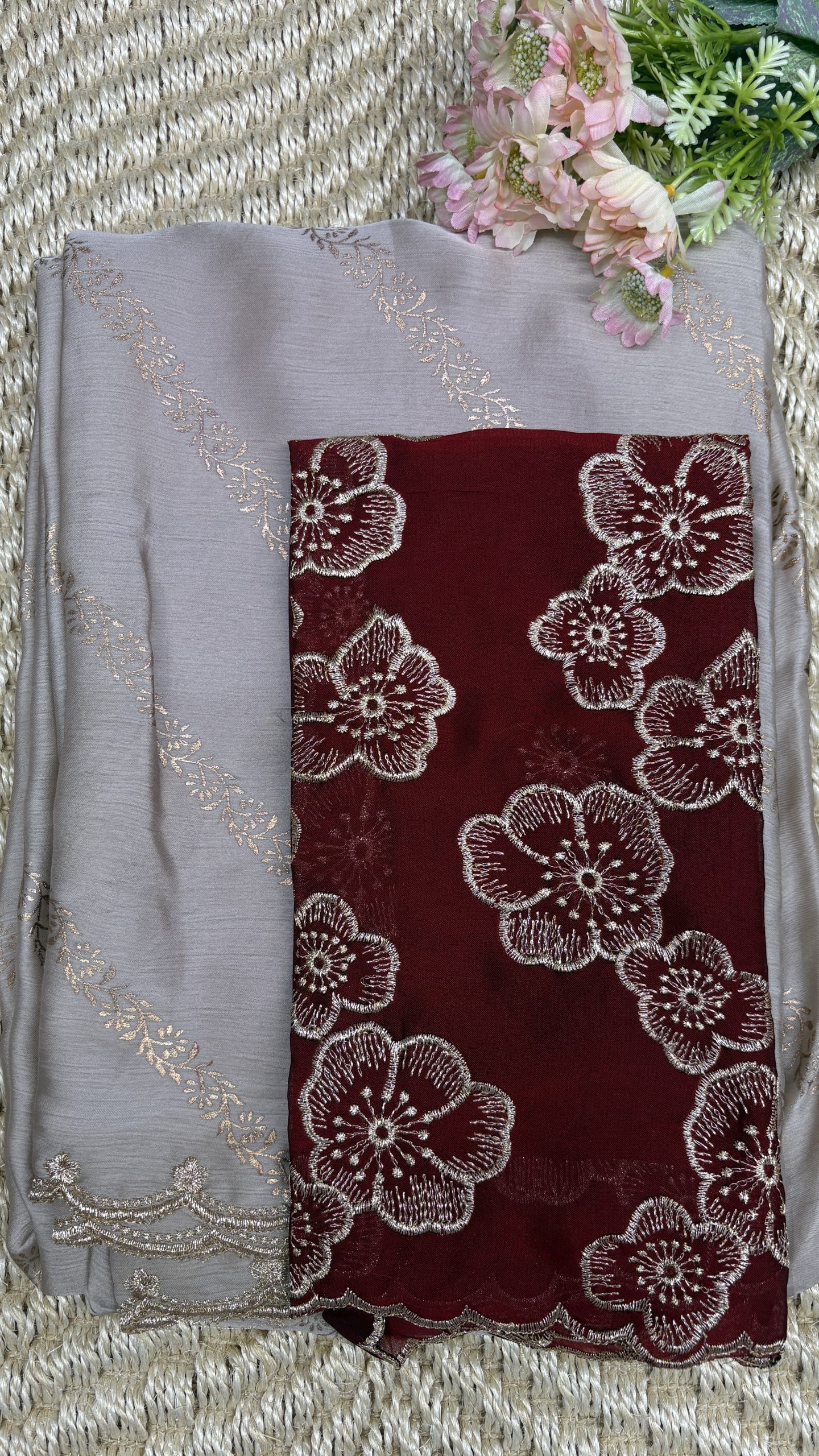 IMG_E3907 soft silver grey saree deep maroon blouse poorna boutique