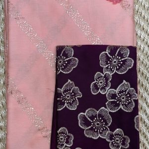 Soft Peach Crushed Chiffon Saree with Silver Zari Work & Wine Floral Blouse