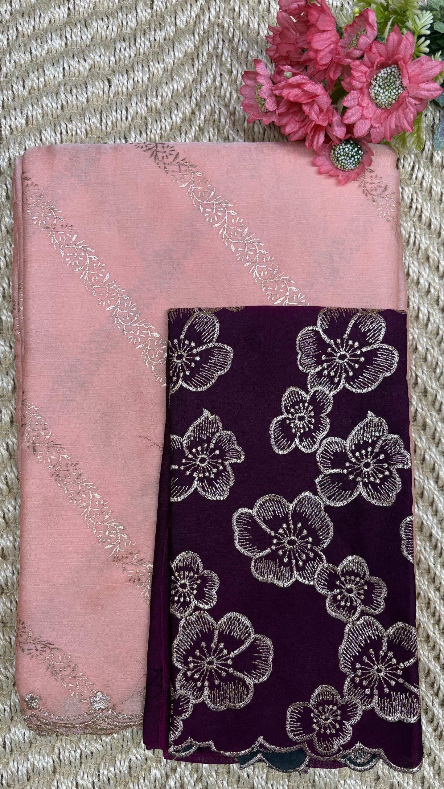 Soft Peach Crushed Chiffon Saree Poorna boutique Soft Peach Crushed Chiffon Saree with Silver Zari Work & Wine Floral Blouse