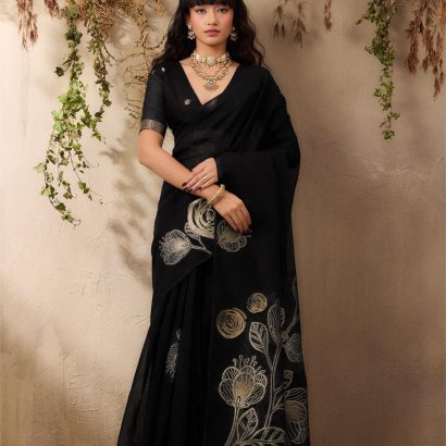 Black Munga Silk Saree with Floral Weaving