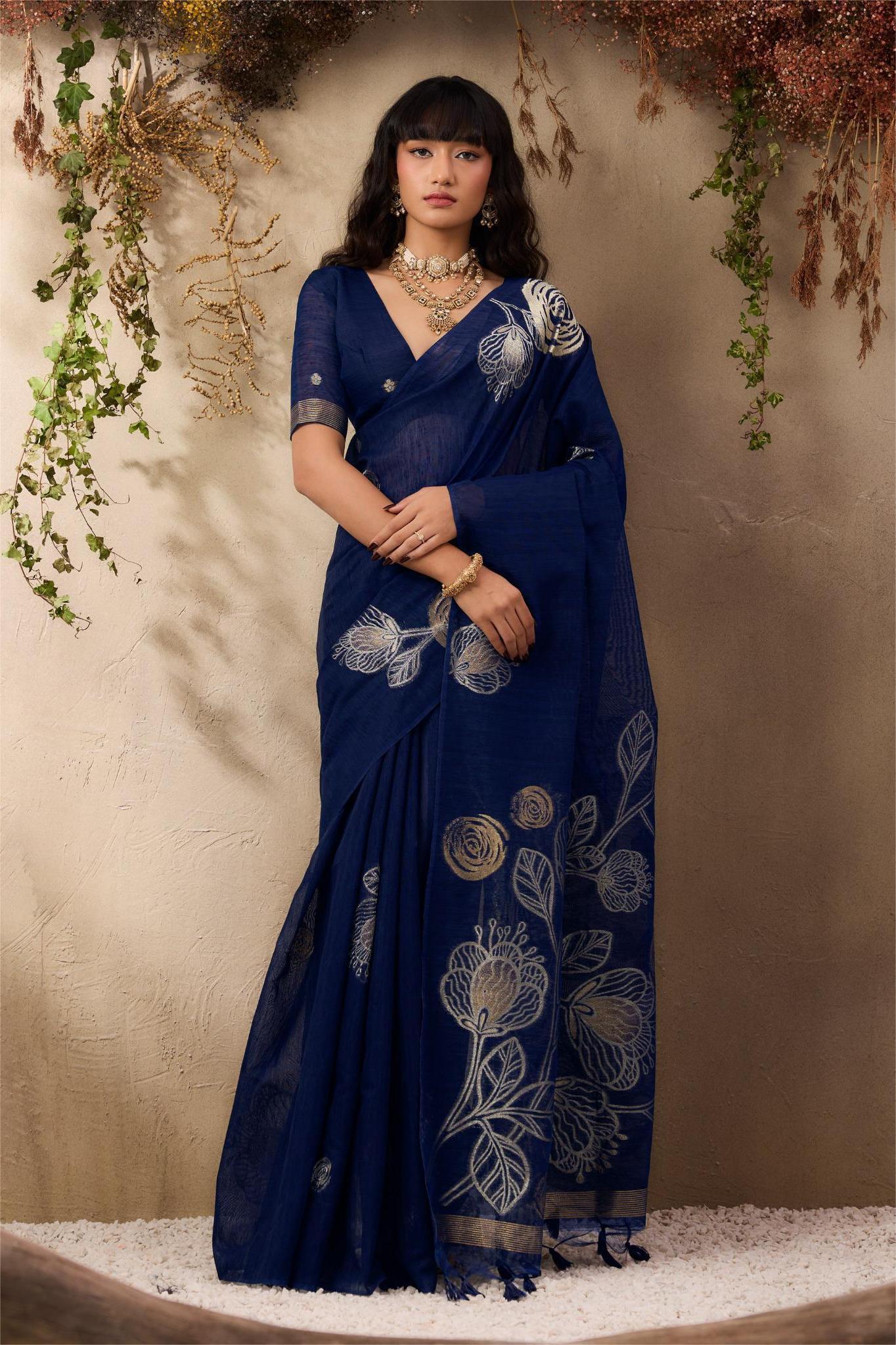 Navy Blue Pure Munga Silk Saree with Floral Weaving – Elegant Handloom Saree 1 Navy Blue Pure Munga Silk Saree