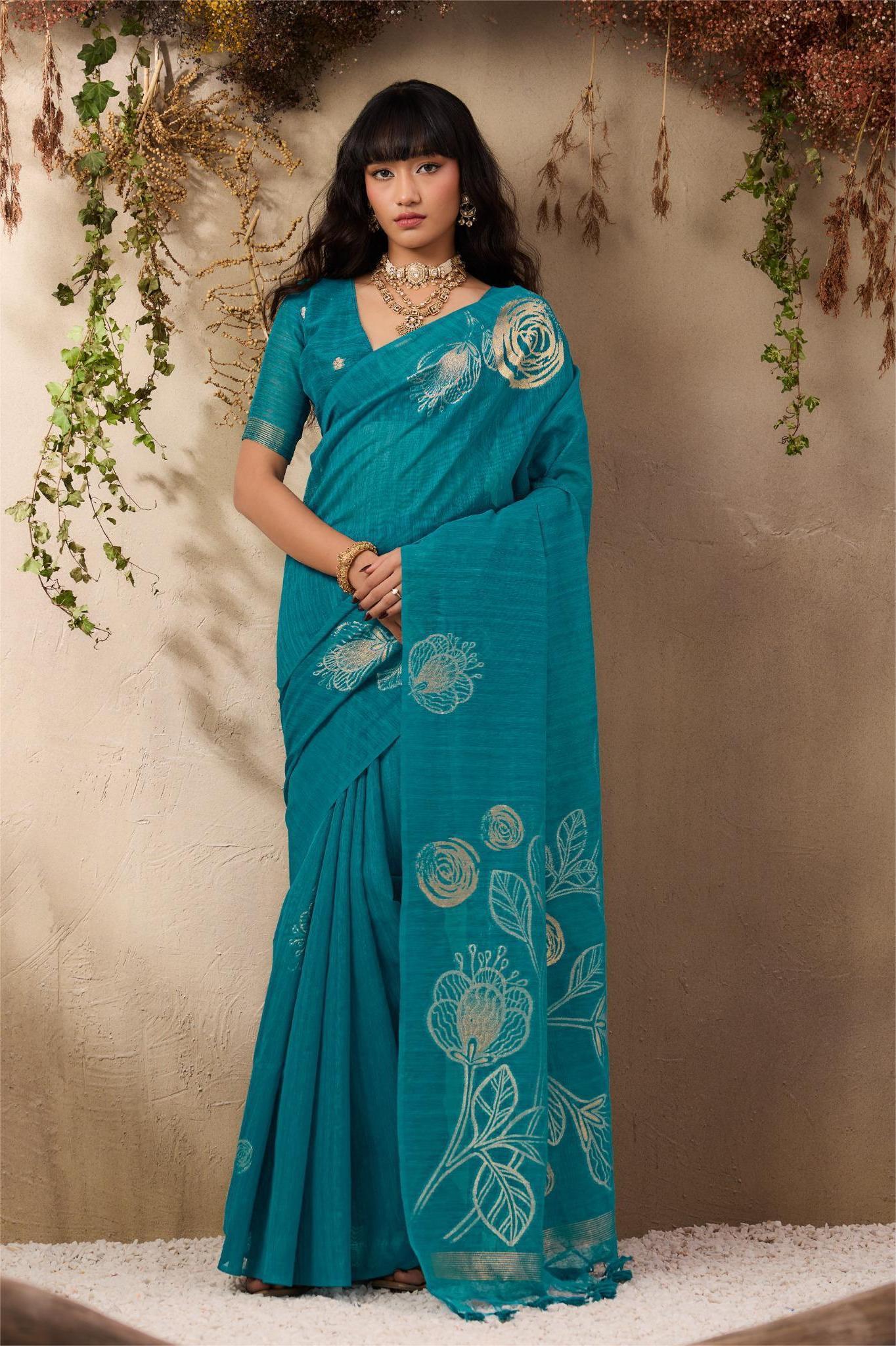 Sea Blue Pure Munga Silk Saree with Floral Weaving – Elegant Handloom Saree 1 Munga Saree sea blue colour available at Poorba boutique