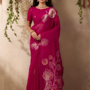 Royal rani pink pure Munga silk saree with floral weaving – elegant handloom saree Poorna boutique, Pallikaranai, Chennai.