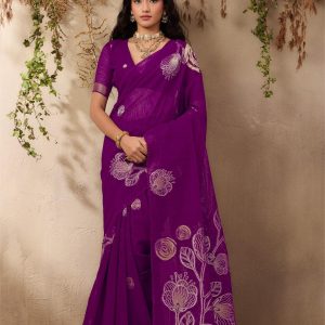 Purple Pure Munga Silk Saree with Floral Weaving available at Poorba boutique