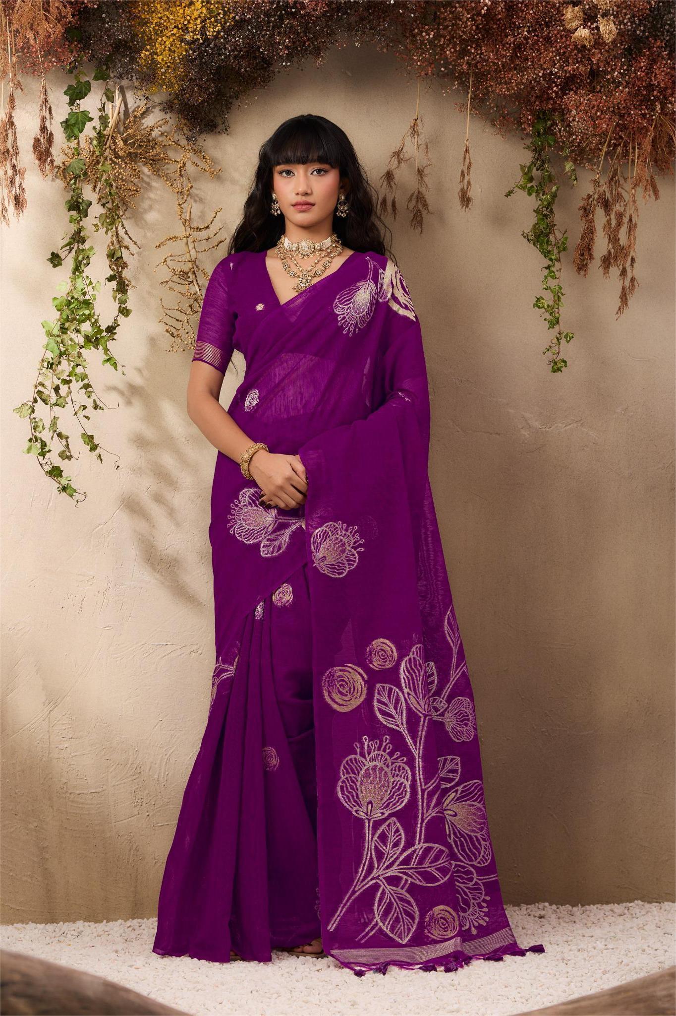 Premium purple pure Munga silk saree – exquisite floral handloom weaving 1 Purple Pure Munga Silk Saree with Floral Weaving available at Poorba boutique