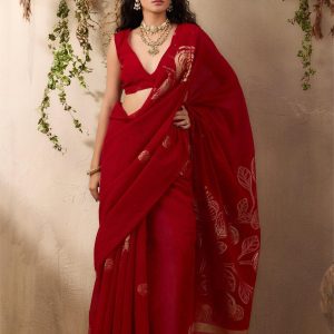 Red Pure Munga Silk Saree available at Poorba boutique