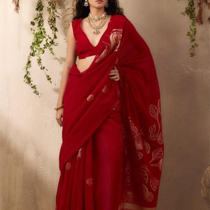 Red Pure Munga Silk Saree available at Poorba boutique