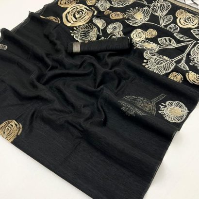 Black Munga Silk Saree with Floral Weaving