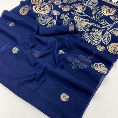 Navy Blue Pure Munga Silk Saree with Floral Weaving – Elegant Handloom Saree 2 Navy Blue Pure Munga Silk Saree