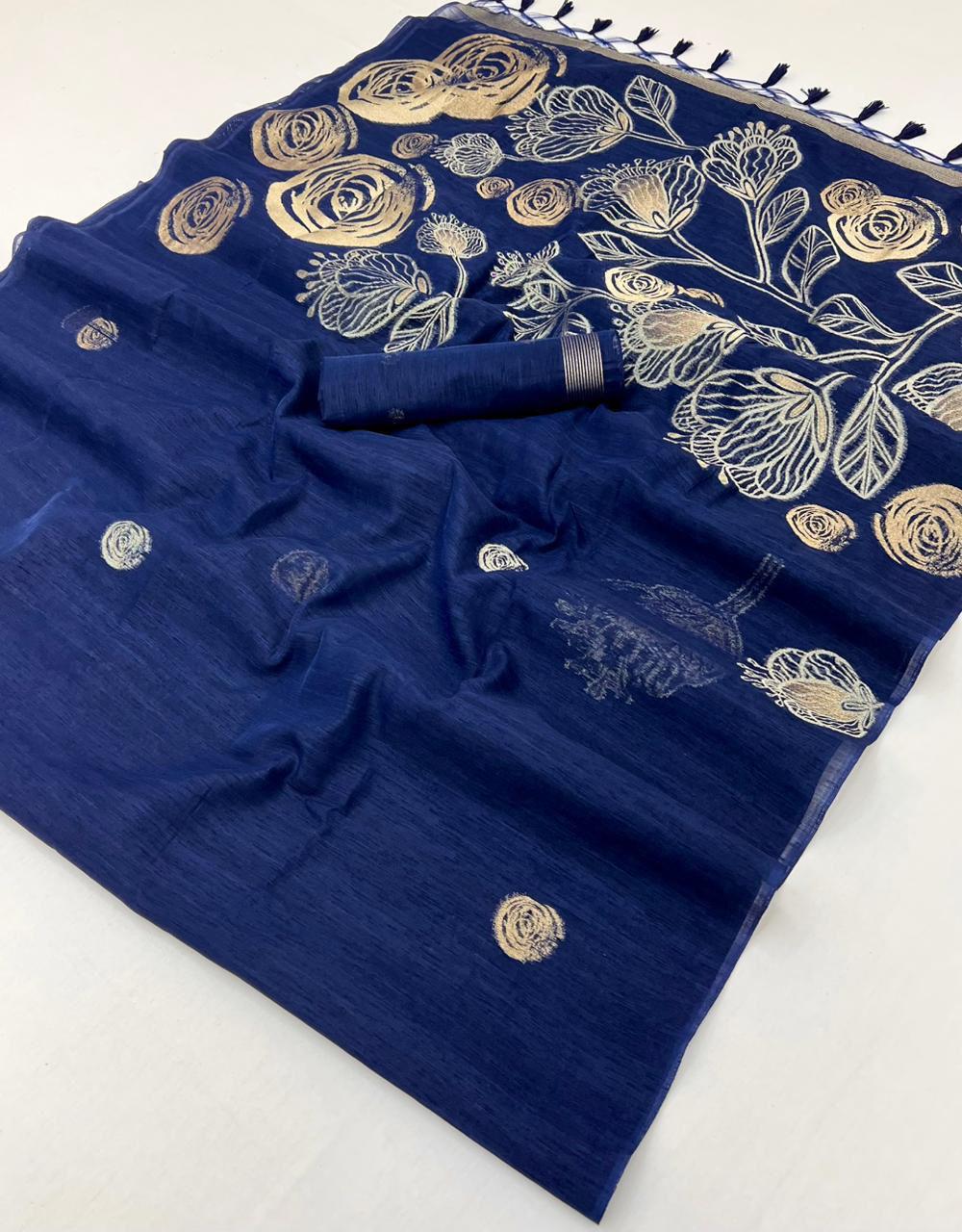 munga-blue-saree Navy Blue Pure Munga Silk Saree