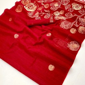Red Pure Munga Silk Saree available at Poorba boutique