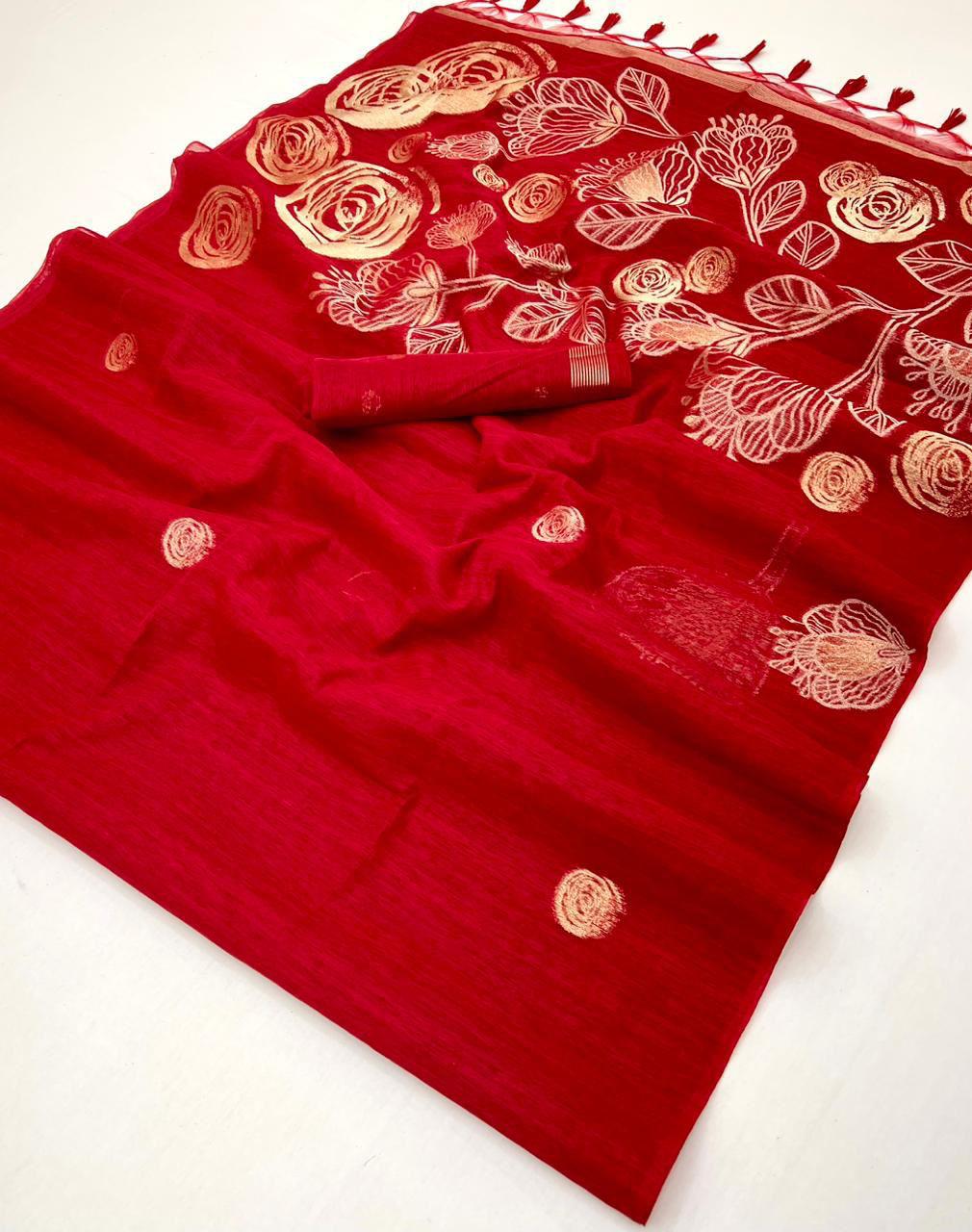 munga-red-saree Red Pure Munga Silk Saree available at Poorba boutique