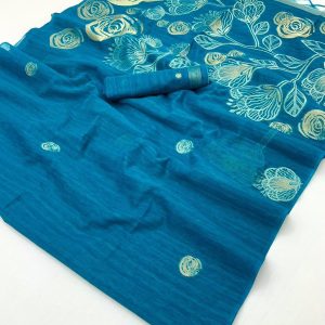 Munga Saree sea b;ue colour available at Poorba boutique