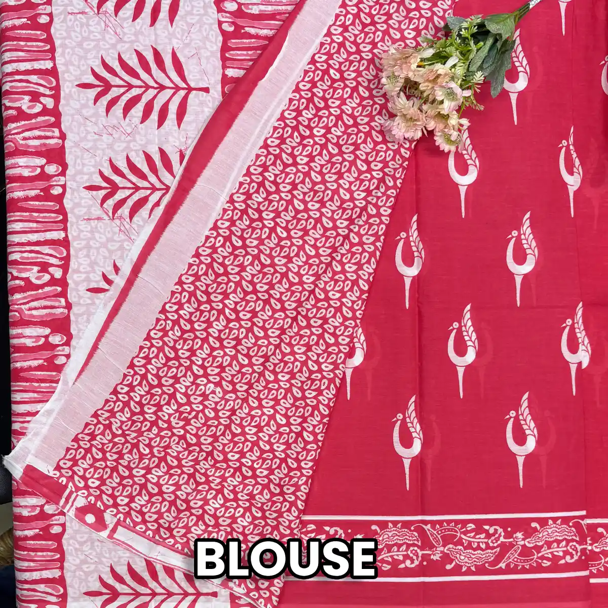 Graceful Peacock Motif Cotton Saree | Pink with Printed Blouse Piece | Price Rs.891| Poorna Boutique, Chennai 2 Graceful Peacock Motif Cotton Saree blouse