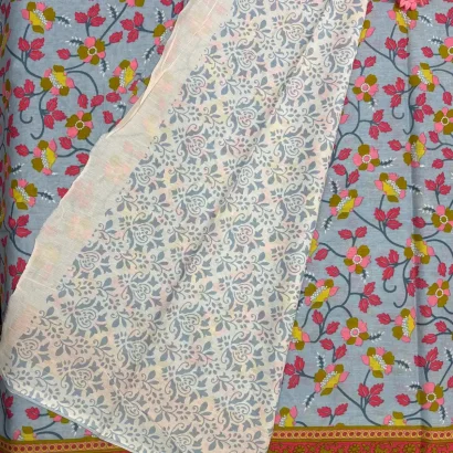 Elegant grey Jaipur cotton Saree with floral design blouse