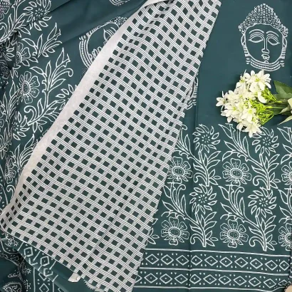 Elegant Buddha Motif Cotton Saree , Teal Green , Price Rs.891, Poorna Boutique, Chennai