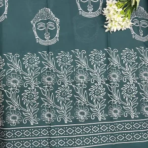 Elegant Buddha Motif Cotton Saree , Teal Green , Price Rs.891, Poorna Boutique, Chennai