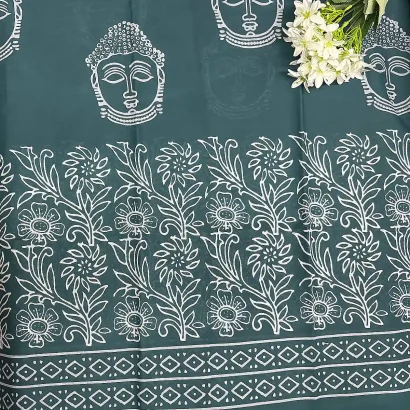 Elegant Buddha Motif Cotton Saree , Teal Green , Price Rs.891, Poorna Boutique, Chennai