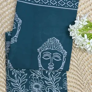 Elegant Buddha Motif Cotton Saree , Teal Green , Price Rs.891, Poorna Boutique, Chennai