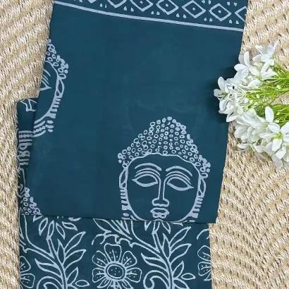 Elegant Buddha Motif Cotton Saree , Teal Green , Price Rs.891, Poorna Boutique, Chennai