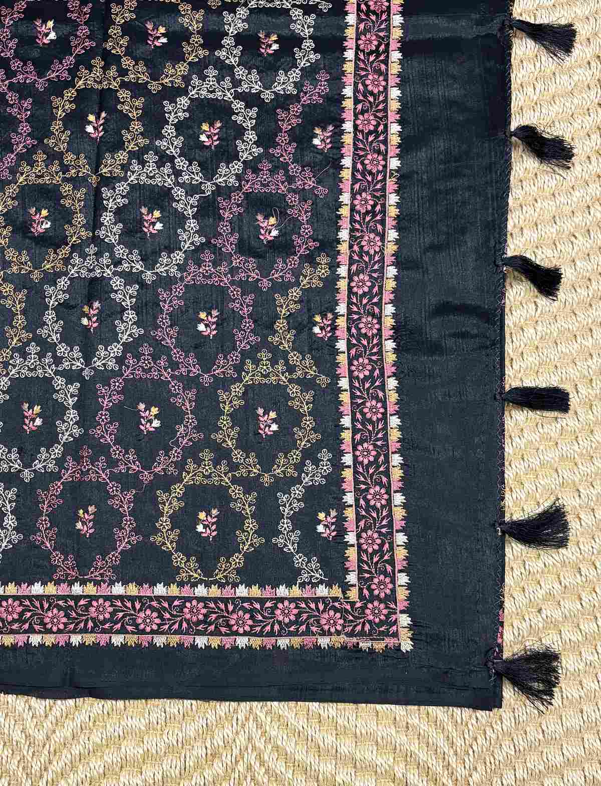 dark theme Butter Silk Saree balck colour saree pallu, Price Rs.2550 Poorna Boutique, Chennai