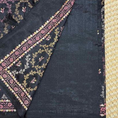 dark theme Butter Silk Saree balck colour saree blouse, Price Rs.2550 Poorna Boutique, Chennai