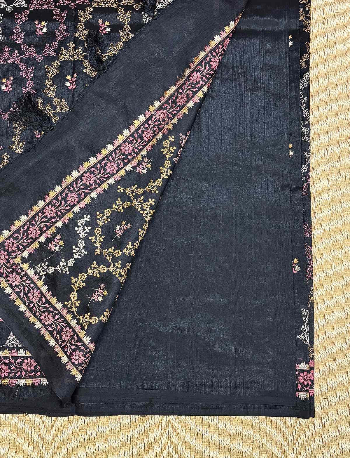 dark theme Butter Silk Saree balck colour saree blouse, Price Rs.2550 Poorna Boutique, Chennai