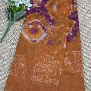 Brown Lenin cotton saree with elephant design