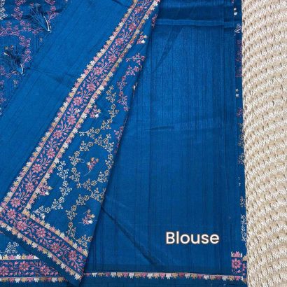 Dark theme Butter Silk Saree blue colour blouse, Price Rs.2550 Poorna Boutique, Chennai