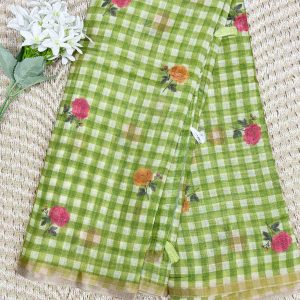 Green Linen Cotton Checked Saree