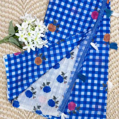 Royal blue Linen Cotton Checked Saree Blouse