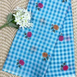 sky blue Linen Cotton Checked Saree