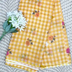 yellow Linen Cotton Checked Saree